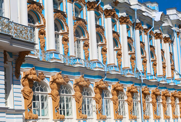 Exterior of Catherine Palace in Rococo style in Tsarskoye Selo, Pushkin, 30 km south of Saint Petersburg in Russia