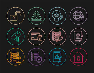 Set line House under protection, Tablet with closed padlock, Ringing alarm bell, Folder and, Marked key, Open, Server security and Exclamation mark triangle icon. Vector