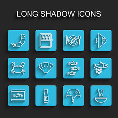 Set line Canned fish, Sauce bottle, Shrimp, Stingray, Shark fin soup, Scallop sea shell, Fish with caviar and Fishes icon. Vector