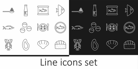 Set line Sushi, Served fish on a plate, Canned, Takoyaki, Fish, Caviar spoon, crab and Sauce bottle icon. Vector