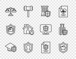 Set line Graduation cap with shield, Piggy bank, House, Life insurance, Scales of justice, Fire burning house, Contract and Travel suitcase icon. Vector