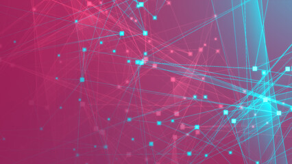 Abstract pink green polygon tech network with connect technology background. Abstract dots and lines texture background. 3d rendering.