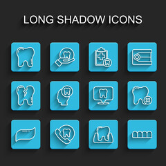 Set line Toothpaste, Online dental care, Dentures model, Human head with tooth, caries and Dental clinic location icon. Vector