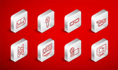 Set line Camera and location, Microphone, 3D cinema glasses, Cinema camera, chair, Action extreme and ticket icon. Vector