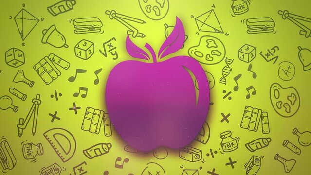 Closeup big apple and school elements, motion school and kids style background
