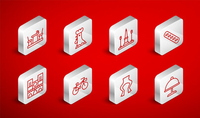 Set line Covered with tray, French rooster, Place De La Concorde, baguette bread, Frog legs, cafe, Bicycle and Notre Dame icon. Vector