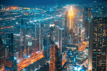 Aerial view of city background of illuminated cityscape with skyscrapers and modern urban architecture in Dubai resort town. Street night traffic In Dudai skyline. United Arab Emirates. High quality