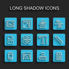 Set line Paint bucket, Plotter, Picture landscape, Stamp, Paper shopping bag, CMYK color mixing, Ruler and Text icon. Vector