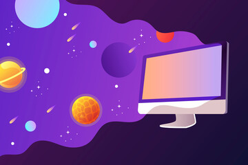 Modern horizontal banner. Remote online education, training. Information on the web. Colorful planets. Computer monitor, light, space.  Vector illustration. 