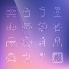 Set line Television report, Censor and freedom of speech, Hand showing two finger, grenade, Speech bubble chat, Handcuffs, Road barrier and Peace icon. Vector