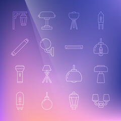 Set line Wall lamp or sconce, Table, Chandelier, Floor, Fluorescent, Vintage street light and icon. Vector