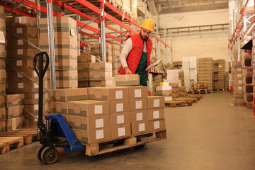 Man with tablet working at warehouse. Logistics center