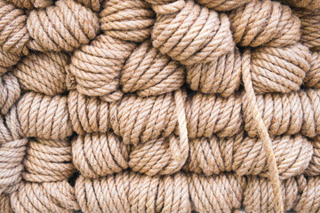 Vintage tackle jute ropes as background. Rope for household use. - obrazy, fototapety, plakaty