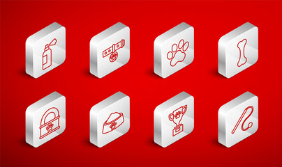 Set line Pet cat toy, Collar with name tag, Paw print, Dog bone, award, shampoo, food bowl and Canned icon. Vector