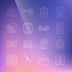 Set line Hive for bees, Jar of honey, Honeycomb, Wooden barrel with, Bee and honeycomb, and Hanging sign icon. Vector