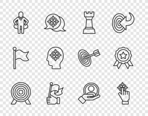 Set line Target, Chess, Hand holding flag, Head hunting, for search people and Medal icon. Vector
