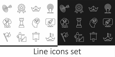 Set line Folded paper boat, Rocket ship, Chess, Man holding flag, Target, Hand and Medal icon. Vector