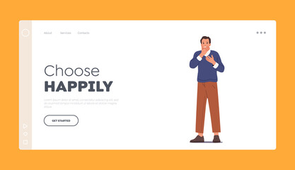 Anxiety Problem Landing Page Template. Man Cover Mouth with Palm, Businessman Suffer of Depression, Negative Emotion