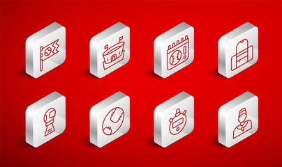Set line Baseball coach, arena, Calendar with baseball game, Sport bag, Stopwatch, Flag, and Award cup icon. Vector
