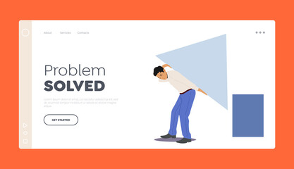 Business Solution, Problem Solving Landing Page Template. Man Carry Huge Triangular Jigsaw Puzzle Piece
