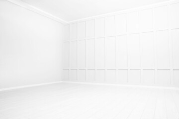 Empty spacious room with white wooden floor and walls