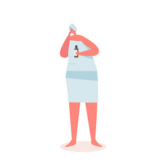 Woman Wrapped in Towel Apply Cosmetics Mask. Female Character with Cosmetic Bottle in Hand Apply Moisturizing Procedure