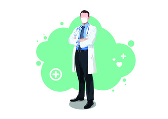 male doctor with stethoscope wearing white medical coat and face mask