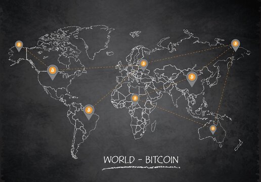 World map, bitcoin network and location pointer, design card blackboard chalkboard vector