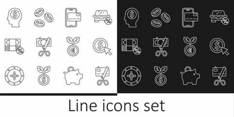 Set line Scissors cutting a credit card, Coin money with dollar, Mobile banking, Money percent, Business man planning mind, Euro plant and icon. Vector