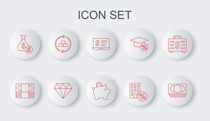 Set line Stacks paper money cash, Laptop with dollar, House percant discount, Money bag, Gold bars, Diamond and Piggy bank icon. Vector