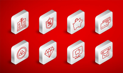 Set line ATM and money, Loan percent, Piggy bank, Credit card, Bank building, Diamond and Gold bars icon. Vector
