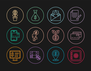 Set line Safe, Credit card, Envelope with dollar symbol, Business man planning mind, Mobile banking, Dollar plant, and Money bag icon. Vector