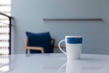 The coffee mug placed on the white wood table