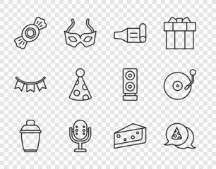 Set line Cocktail shaker, Slice of pizza, Birthday party horn, Microphone, Candy, Party hat, Piece cake and Vinyl player with disk icon. Vector