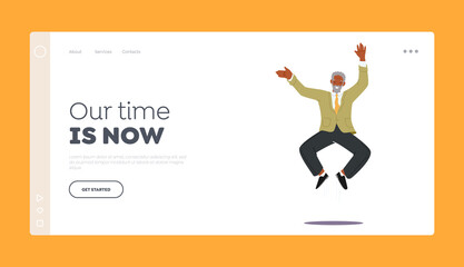 Elderly Fun, Success Landing Page Template. Adult Bearded Man in Casual Clothes Jumping. Happy Senior Male Character
