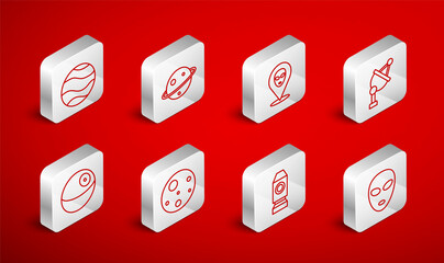 Set line Alien, Planet Saturn, Satellite dish, Rocket ship, Mars and icon. Vector