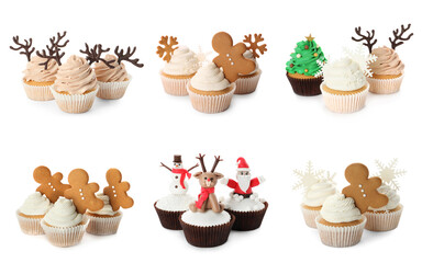 Tasty cupcakes with Christmas decor on white background, collage