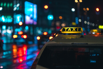 Illuminated Taxi sign on a car in a busy street at night - obrazy, fototapety, plakaty