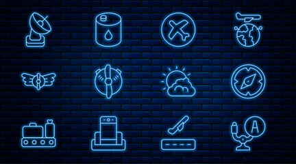 Set line Aircraft steering helm, Compass, Plane, propeller, Aviation emblem, Radar, Sun and cloud weather and Barrel oil icon. Vector