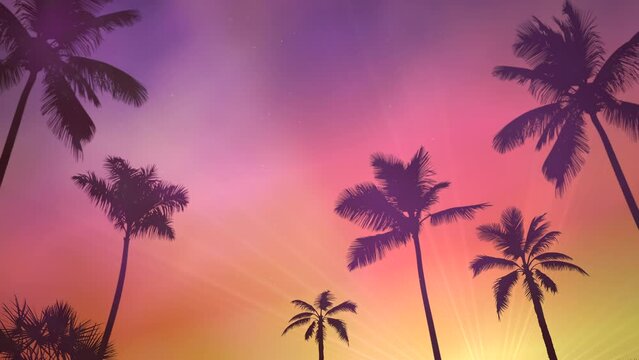 Tropical palms with purple sun beams, motion promotion, summer and retro style background