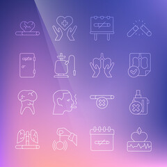 Set line Heartbeat increase, No electronic cigarette, Lungs x-ray diagnostics, smoking, Hookah, area, disease with and icon. Vector