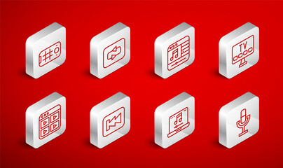 Set line Microphone, Repeat button, Music player, Smart Tv, Laptop with music, Selfie mobile, Rewind and playlist icon. Vector