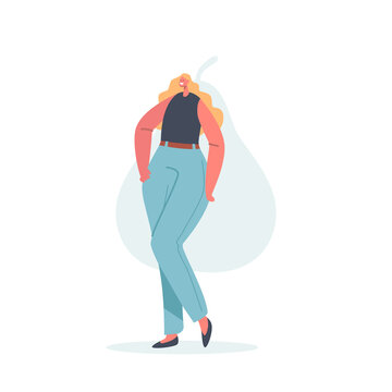 Woman Pear Body Shape, Female Character Figure Types Concept, Girl with Wide Hips and Narrow Waist Posing in Blue Jeans