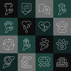 Set line Donation and charity, Veterinary clinic, Shelter for homeless, Dialogue with doctor, Blood donation, Animal volunteer, Clothes and Leaf heart icon. Vector