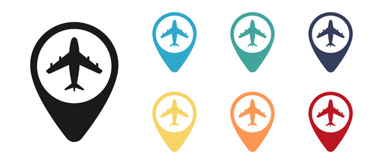 Plane, flight, airplane concept vector icon set, label on the map. Illustration