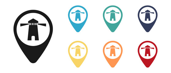 Lighthouse, travel concept vector icon set, label on the map. Set of multicolored icons. Illustration