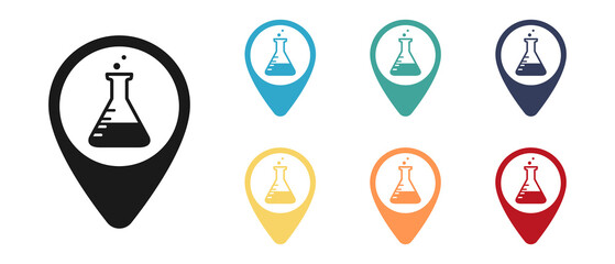 Test tube icon, laboratory concept. Label on the map. Set of multicolored icons. Illustration