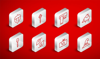 Set line Witch hat, Honey dipper stick, Winter scarf, Hedgehog, Pumpkin, Acorn, Leaf and Shovel icon. Vector