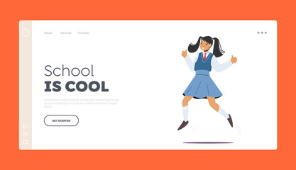 Young Girl Jump Landing Page Template. Happiness, Childhood and Freedom Concept. Happy Kid Jumping in Air