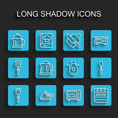 Set line Fork, Covered with tray of food, French press, Microwave oven, Oven, Electric kettle, Teaspoon and Kitchen apron icon. Vector